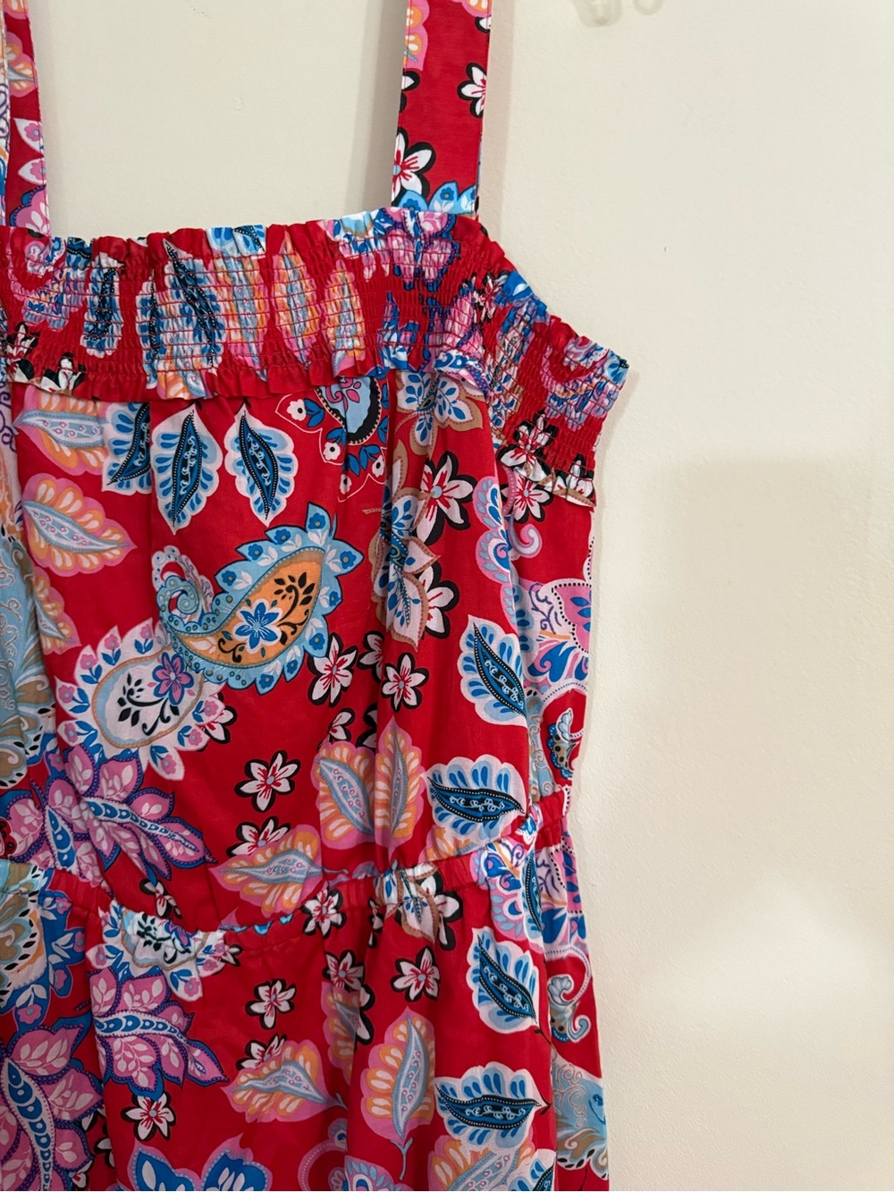 Talbots Plus Square Neck Midi Dress 14W Red Paisley Floral Smocked Bodice - Picture 4 of 8